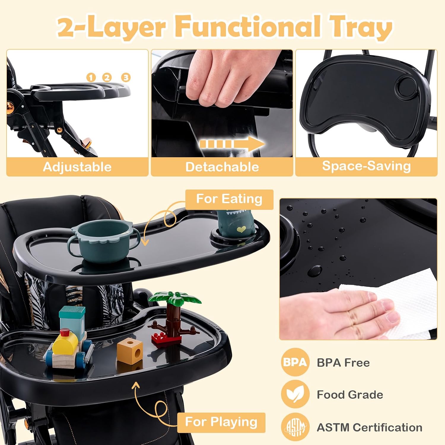 HONEY JOY Baby High Chair, Foldable High Chairs for Babies and Toddlers, Adjustable Heights, Recline Backrest & Footrest, Double-Layer Tray & Cushion, Portable Infant Highchair with Wheels (Black)
