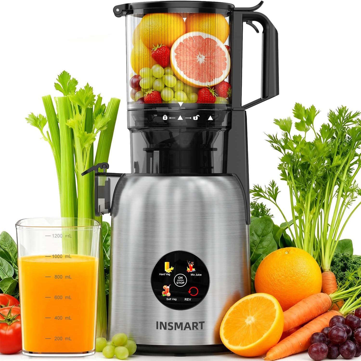 INSMART 3-in-1 Cold Press Juicer,Juicer Machines with 5.3" Large Chute,Slow Masticating Self Feeding for Juice Extractor Machine for Whole Fruits & Vegetables High Juice Yield