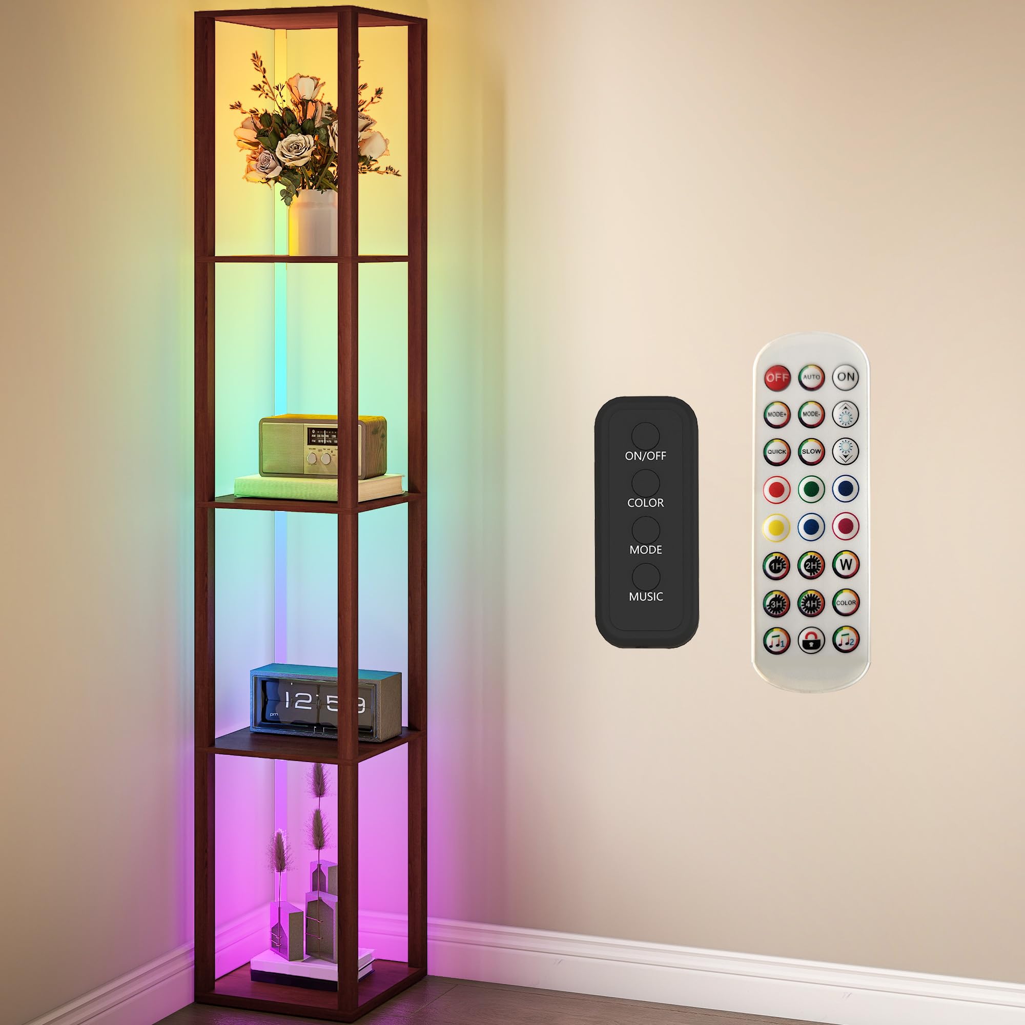 HOMCOM 4 Shelf Floor Lamp - Brown - RGB LED Lighting with Remote