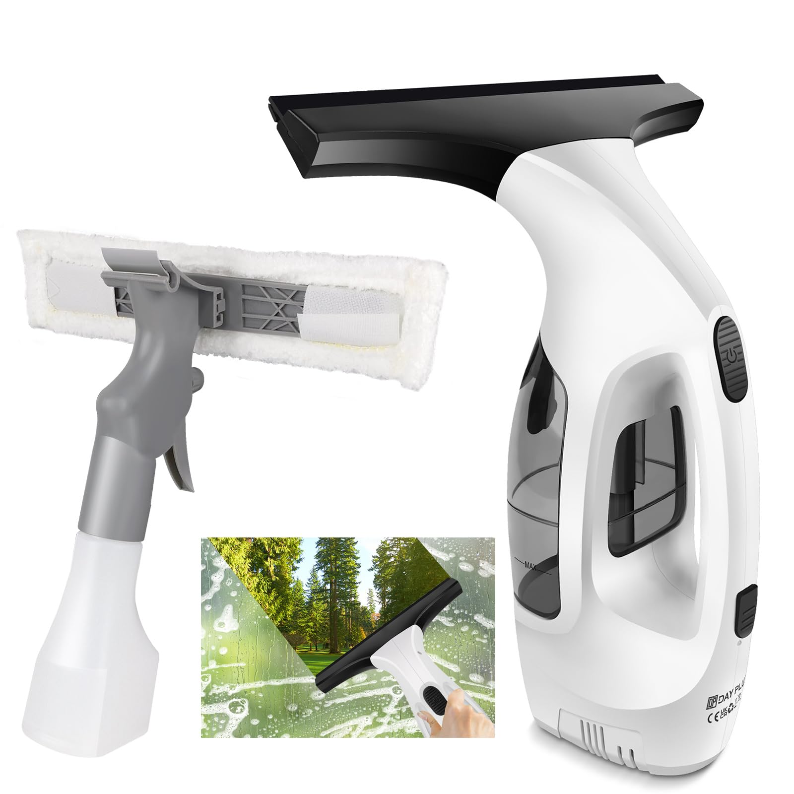 Cordless Window Vacuum with 3500mAh Battery, Rechargeable Window Vac 60Min Running Tim, 28cm Blade Power Vacuum Cleaner Set, 300ml Water Tank Streak-Free Glass Cleaner Cordless Washer