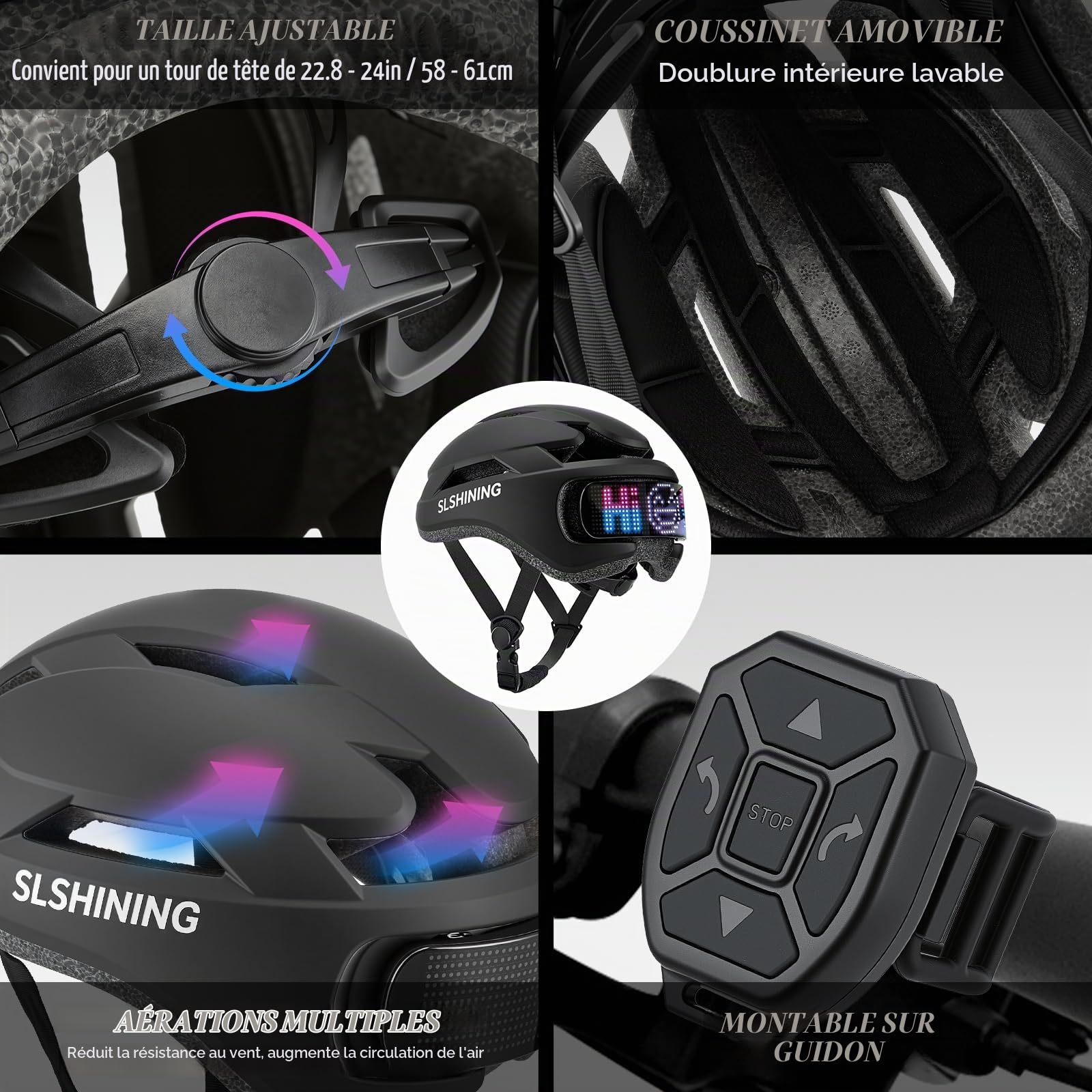 Casque de Vélo Connecté & Sécuritaire pour Hommes Femmes-Casque Intelligent avec Écran LED Personnalisable, Feux Arrière de Freinage, Clignotants et Alerte Lumineuse pour VTT, Route, E-Bike et Scooter