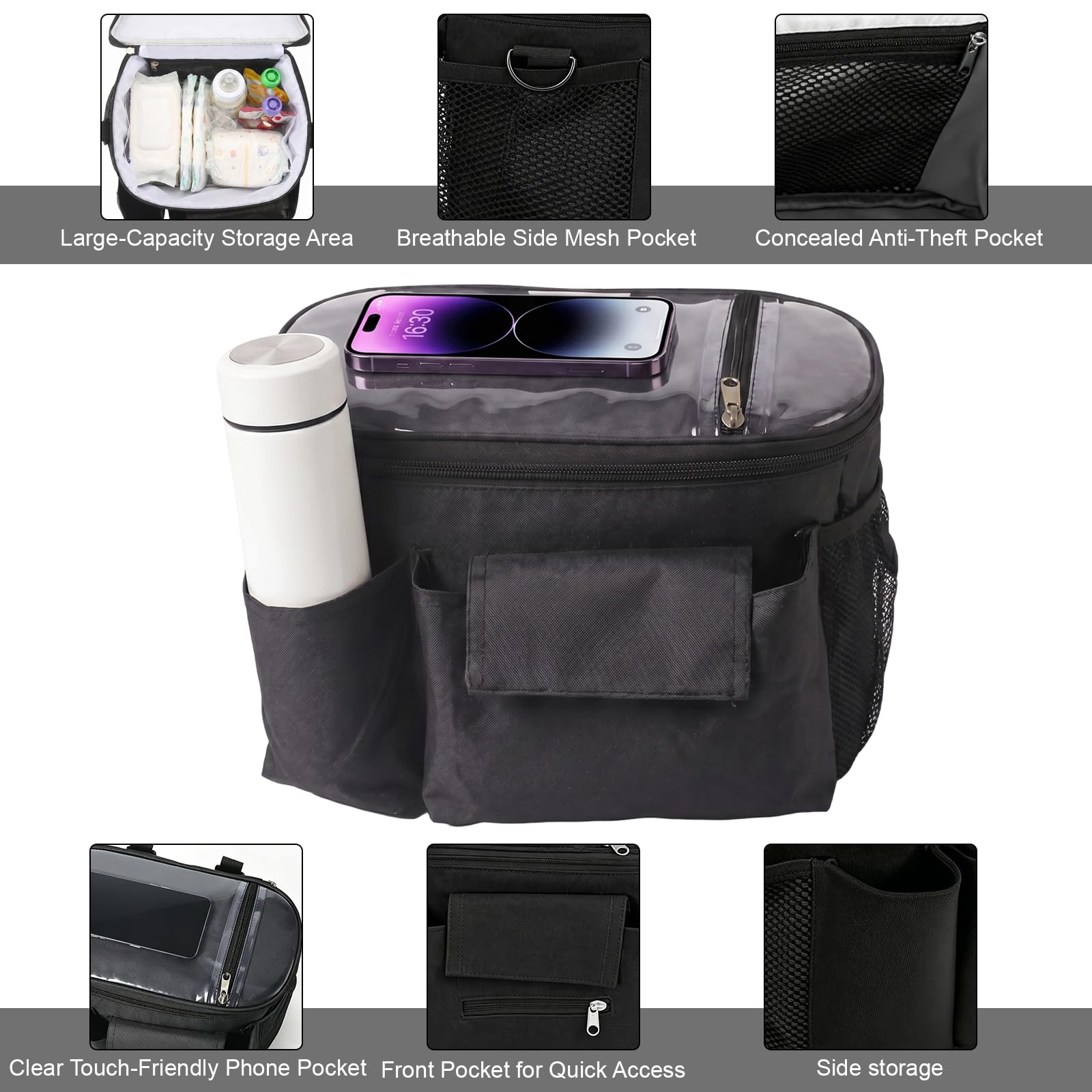 Baby Sac de Rangement pour Poussette,Organisateur de Poussette et Landau,Universel Bébé Poussette Sacs Organisateur,pour Téléphone et pour Bébé Accessoire