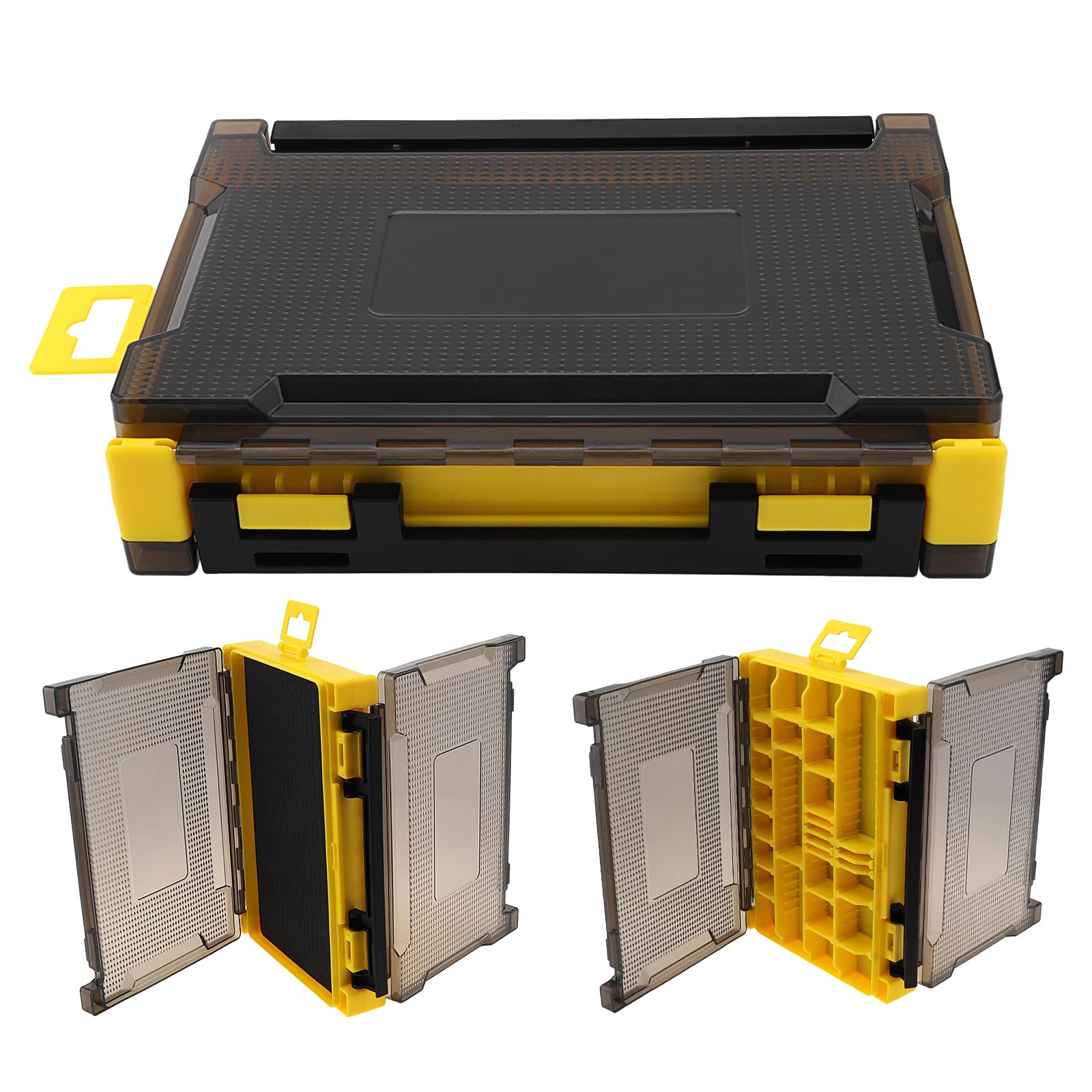 Caja organizadora doble cara para accesorios de pesca, 20,5 x 14,5 x 4,5 cm, con compartimentos y ranuras de esponja, translúcida y resistente al agua