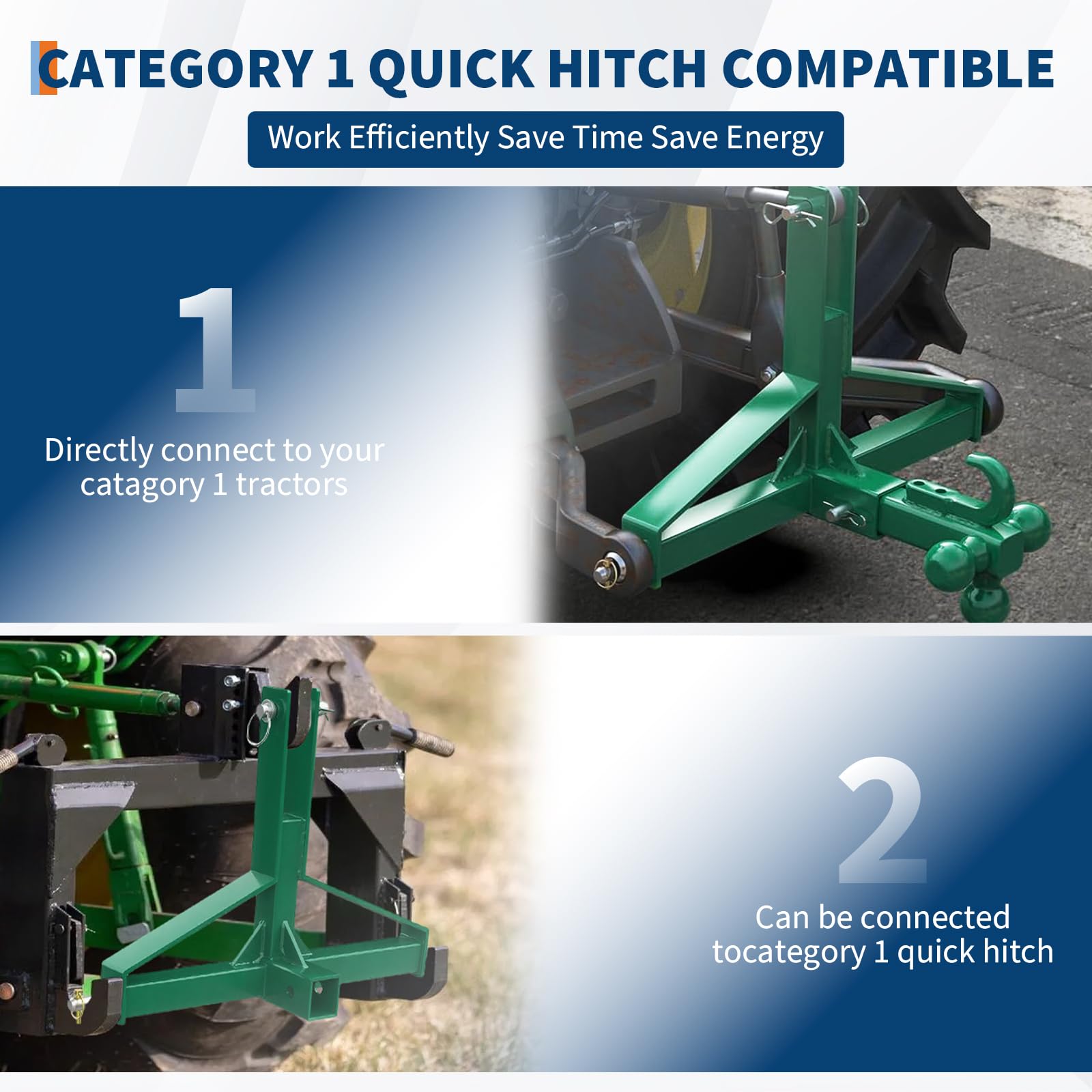 Attelage de remorque à 3 points de catégorie 1 pour tracteur avec triple rotule, attelage lourd de 4,5 kg avec récepteur de 5,1 cm, adaptateur polyvalent pour l'agriculture et le jardin