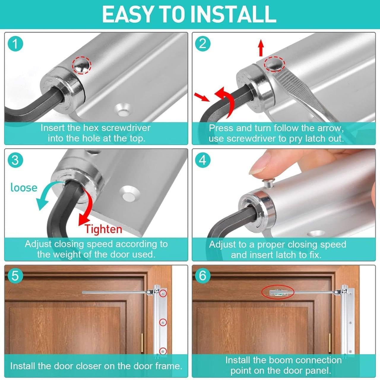 Feelon Automatic Door Closer – Rustproof Stainless Steel, Adjustable Spring Tension, Ideal for Light-Weight Doors, Easy DIY Installation, Quiet & Secure Closure 2
