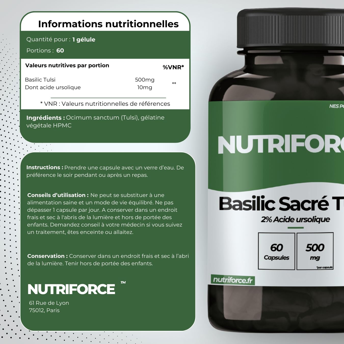Basilic Sacré Tulsi 500 mg – Anti-Stress, Immunité & Digestion – 60 Gélules Végétales