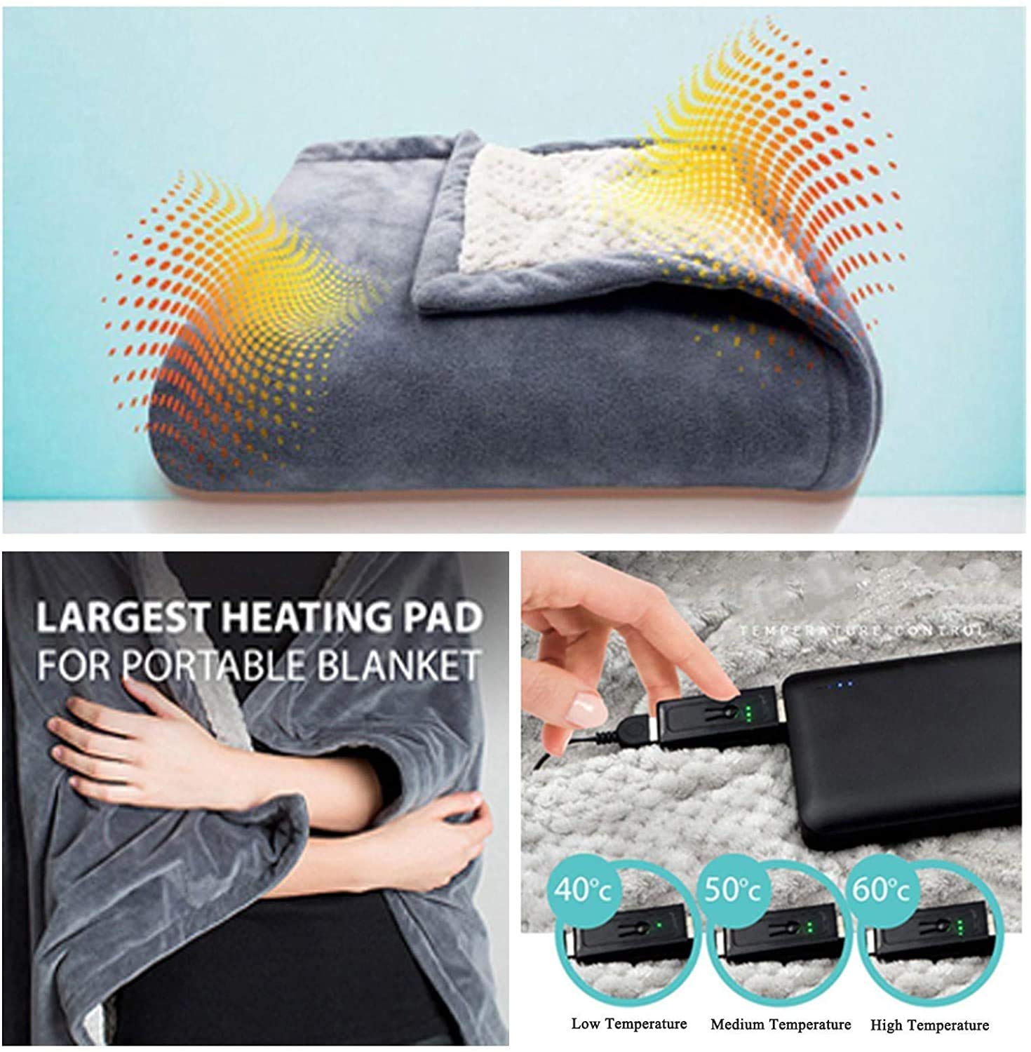 Coperta Riscaldata con Scialle Riscaldato Usb, Coperta Riscaldata Elettrica, con 3 Modalità Di Temperatura Regolabile Coperta Elettrica, per Aereo/Auto/Campeggio/Casa