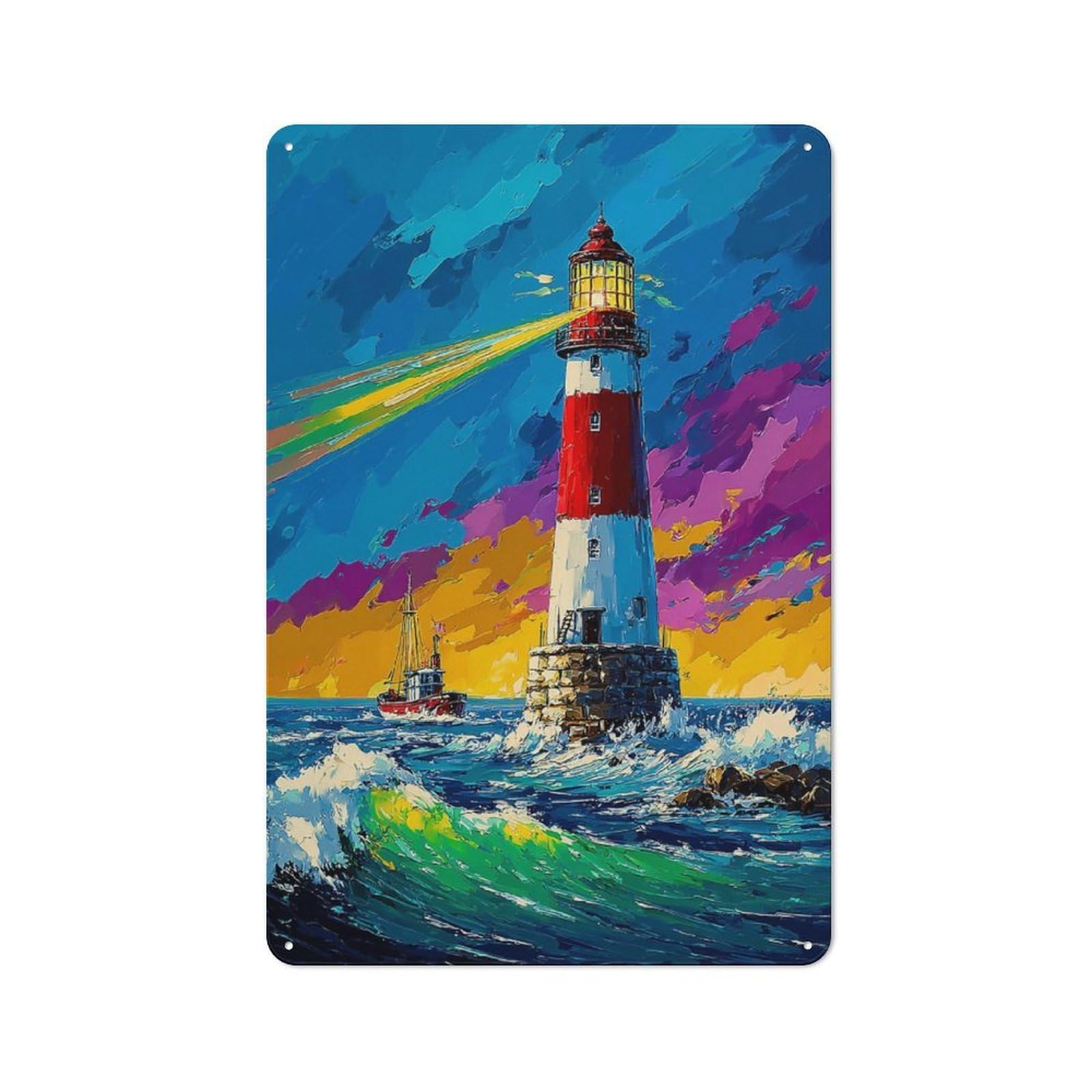 Junmoney Rainbow Lighthouse At Sea Tin Wall Plaque 30X20cm With For Hallway Wall, With Clear Retro Wall Decor Character