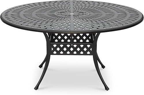 Miniatura 8 de MEETWARM Mesa de comedor cuadrada de 35.4 pulgadas para patio, mesa grande de aluminio fundido para exteriores con agujero para sombrilla de 2.2