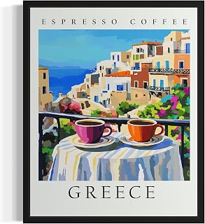 Greece Balcony Cafe Black Framed Wall Art Poster Print, Coffee Lover Espressso Travel Restroom Painting for Bathroom Bedroom Dinging Room Kitchen Decor 50 (Greece, 14" L x 11" W, Black Frame)