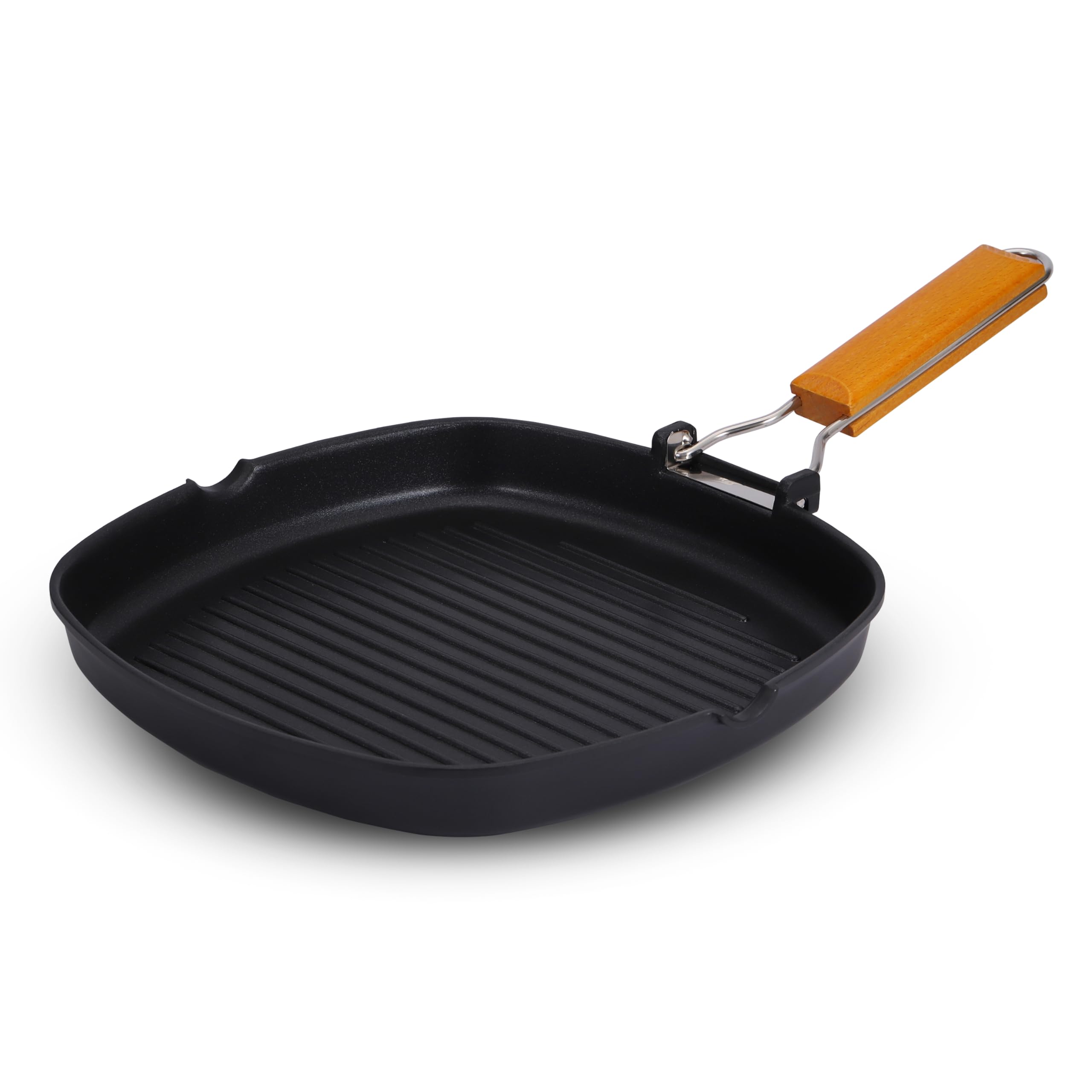 Innovacook Folding Handle Griddle Pan 28cm, Non Stick Induction Grill Pan, Aluminium Grill Skillet for Steak, Burgers, Chicken & Vegetables, Space Saving Folding Wooden Handle, Suitable All Hob Types