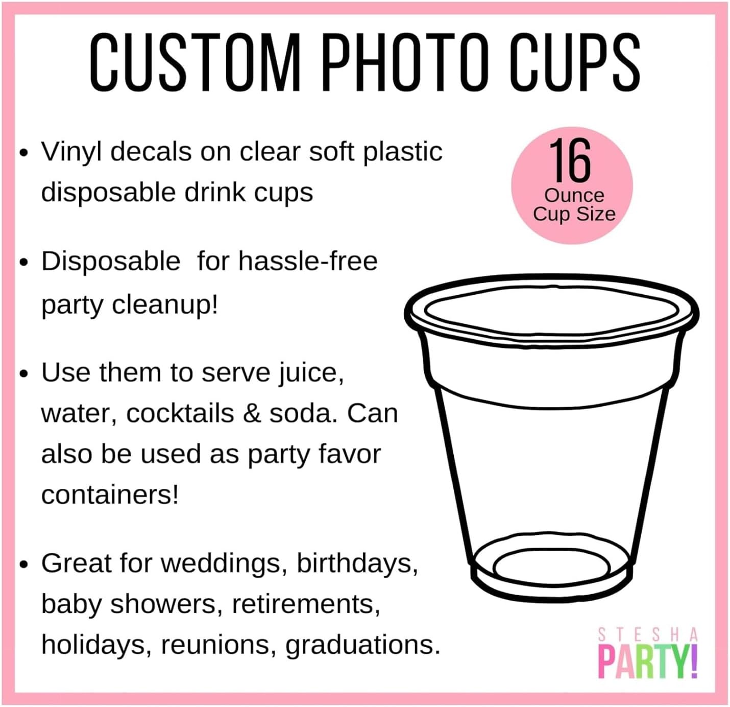 Personalized Face Cups, Set of 24, Custom Picture, Personalized Party Decorations, Birthday Favors, Drink Containers, Disposable Plastic Cups 16oz