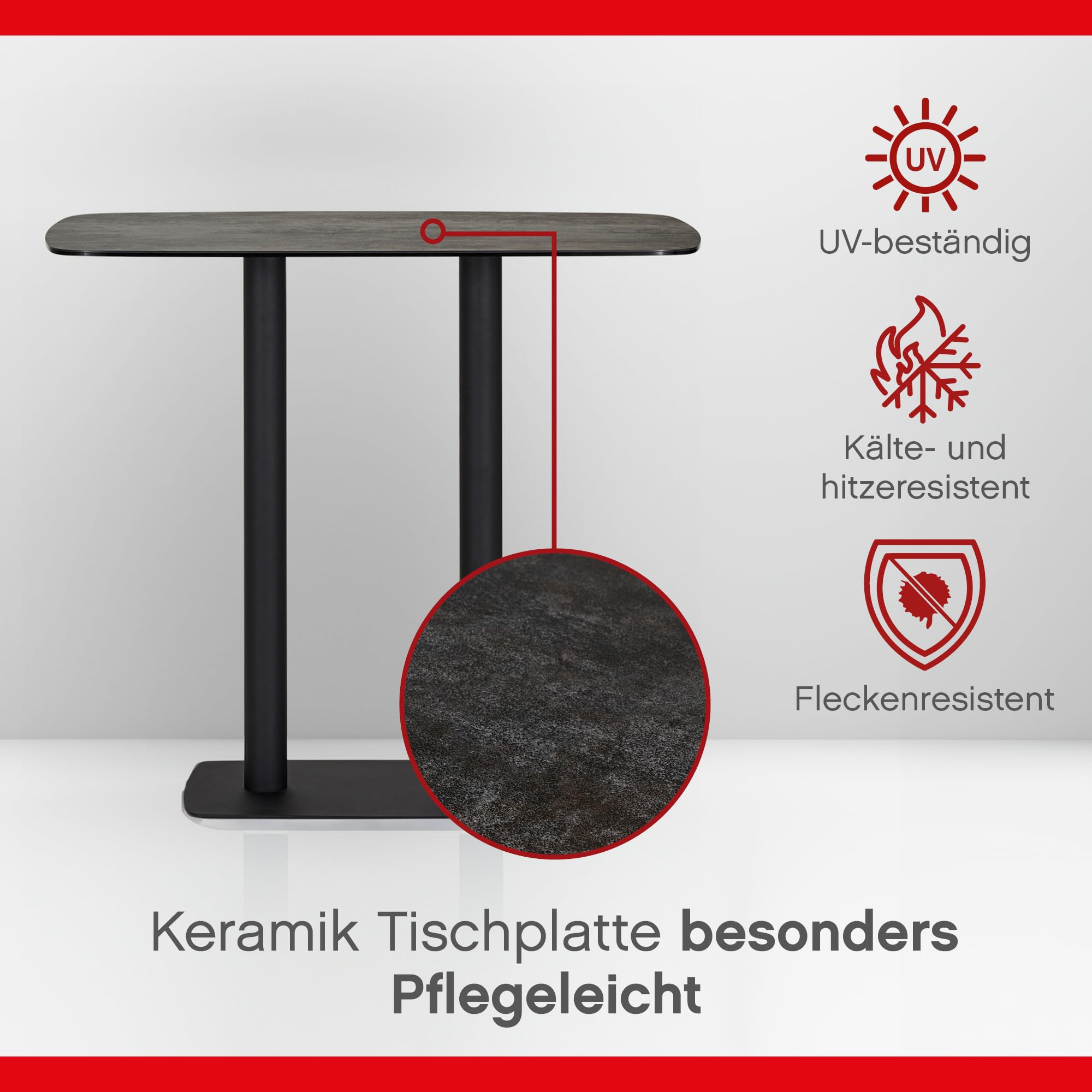 UNO Bartisch 120 x 65 x 105 cm Keramik Tischplatte Schwarz, Küchentisch, Küchentresen, rechteckiger Stehtisch, Säulengestell Eisen, UV Beständig, Fleckenresistent, pflegeleicht