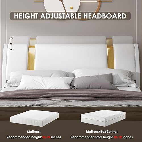 Miniatura 5 de TTVIEW Base de cama tapizada de piel sintética moderna con decoración de metal de hierro cabecera curvada ajustable soporte de listones de madera no