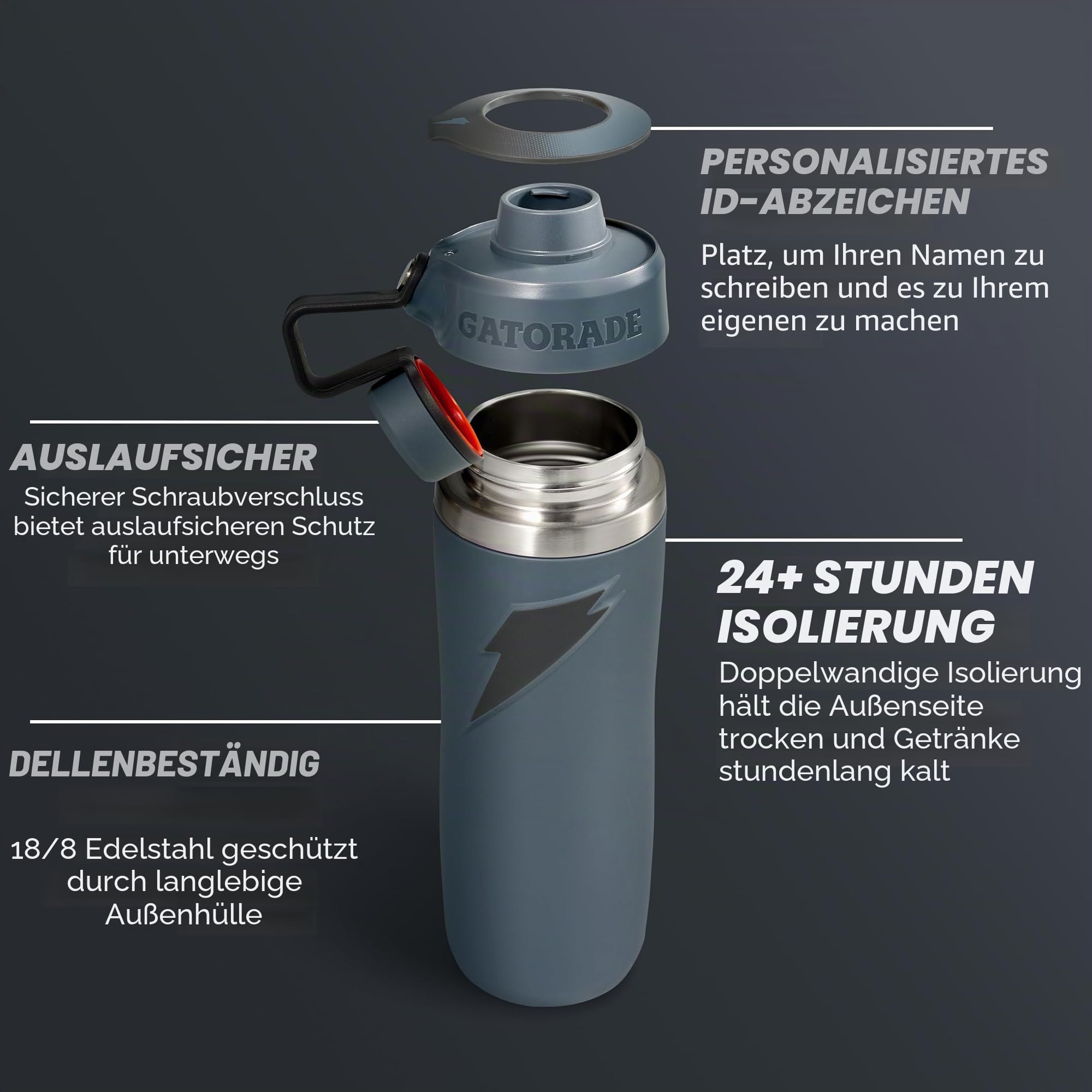 Gatorade 'Overtime' Edelstahl-Wasserflasche, Drehverschluss, 625 ml, Grau