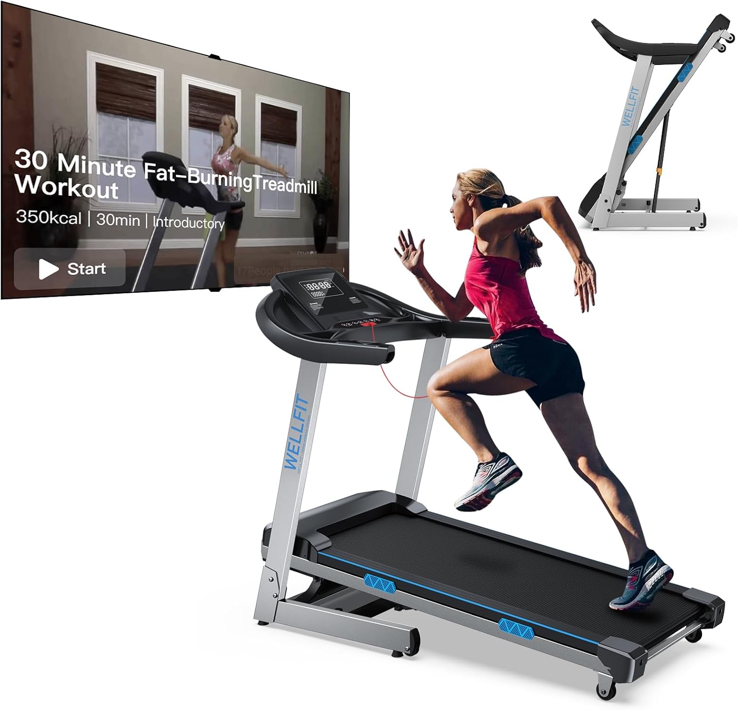WELLFIT Automatic Incline Treadmills, Heavyduty Treadmill for Home 400LBS Capacity, Foldable Treadmill for Small Space, 18*43" Running Area, 4.0HP, 8.7MPH, HR Monitor, 95% Pre-installed, Easy Storage