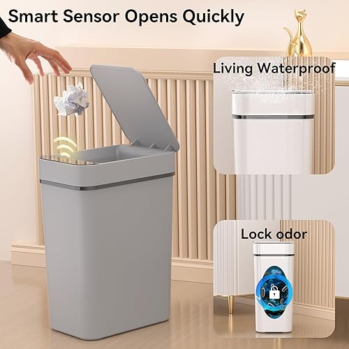 Miniatura 4 de Paquete de 3 cubos de basura de baño de 2.6 galones pequeños sin contacto automático con sensor de movimiento, cubos de basura delgados e