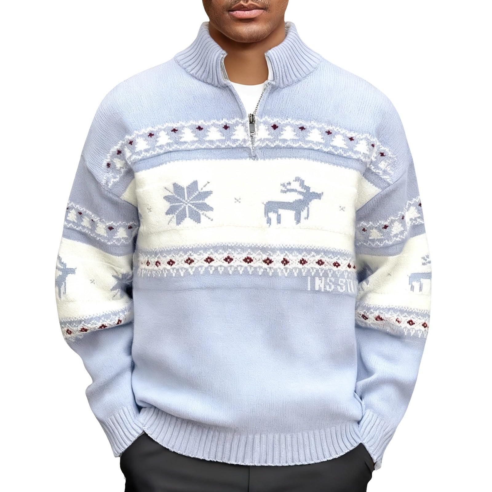 Generico Maglia Uomo Maglia A Coste Collo Alto Mezza Zip Motivo Natalizio Calda Ideale per Le Cene E Uscite delle Feste Invernali