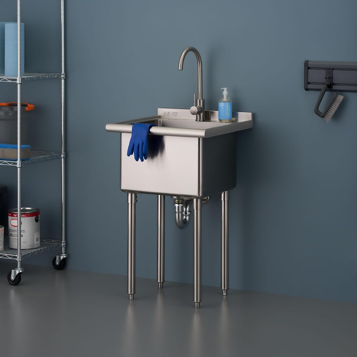 EcoStorage Stainless Steel Utility Sink, Freestanding Single Bowl Utility Sink for Garage, Laundry Room, Commercial Use, Includes Faucet, NSF Certified, 22"W x 22"D x 50"H (NHA-0317)