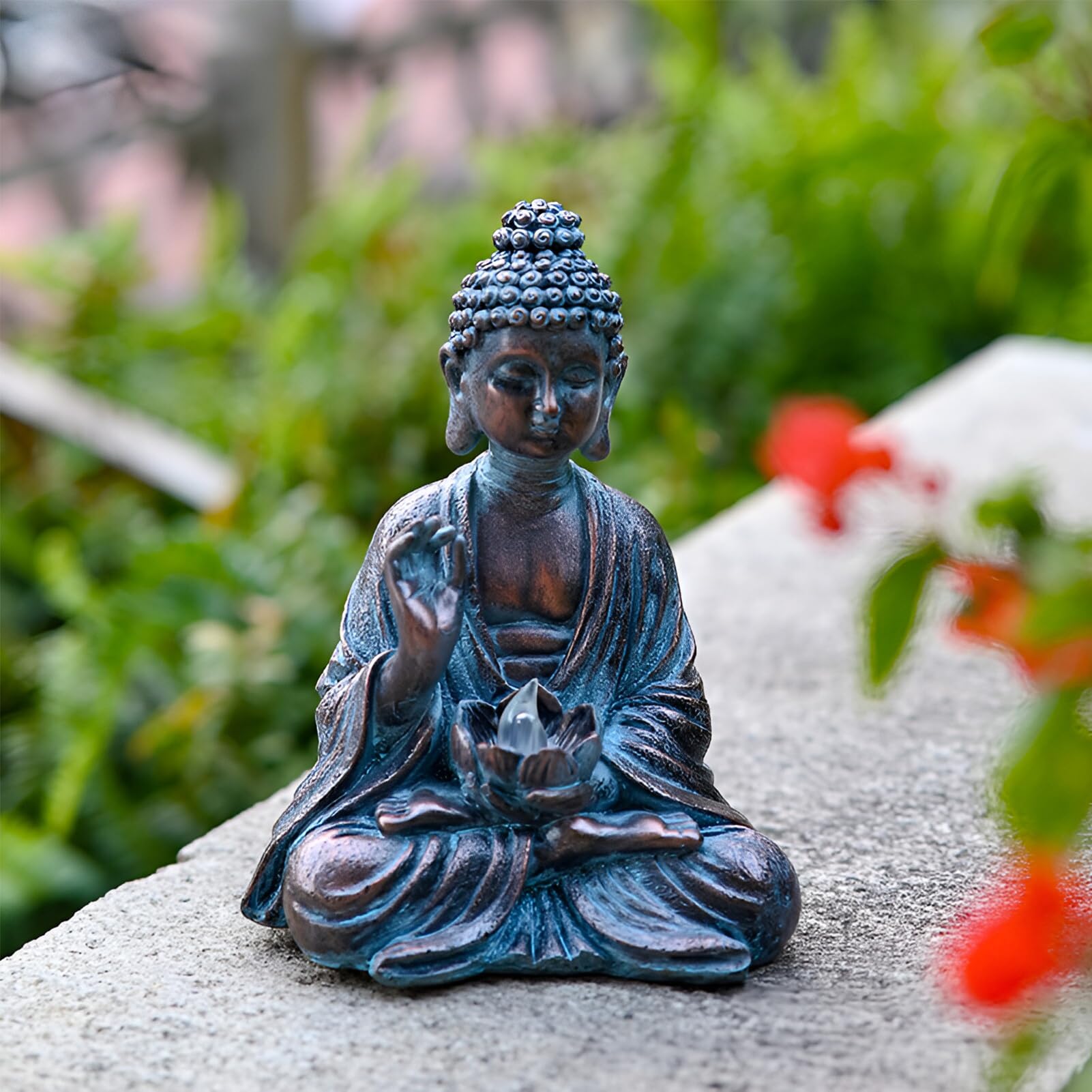 Buddha da giardino con luci a LED di loto, statua Zen in resina, decorazione cortile, terrazza, davanzale