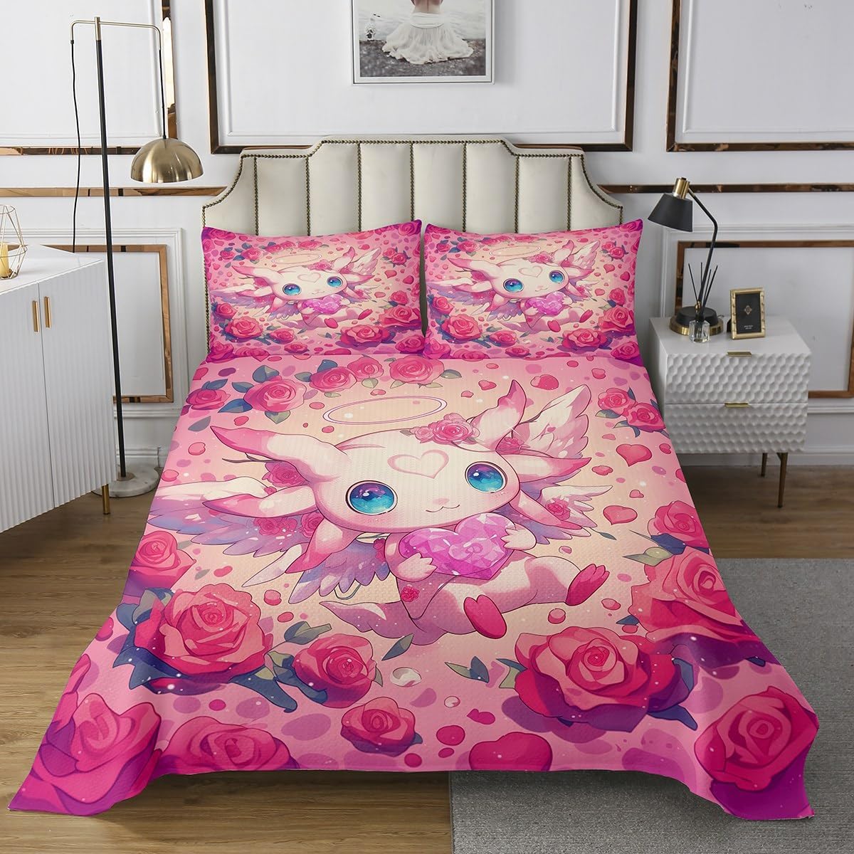 Cartoon Salamander Bedding Set Queen Size,Underwater Animals Bedspread Colorful Coral Comforter Set for Kids Girls Boys Teens Room Decor,Cute Pink Axolotl Quilt Coverlet,2 Pillowcases