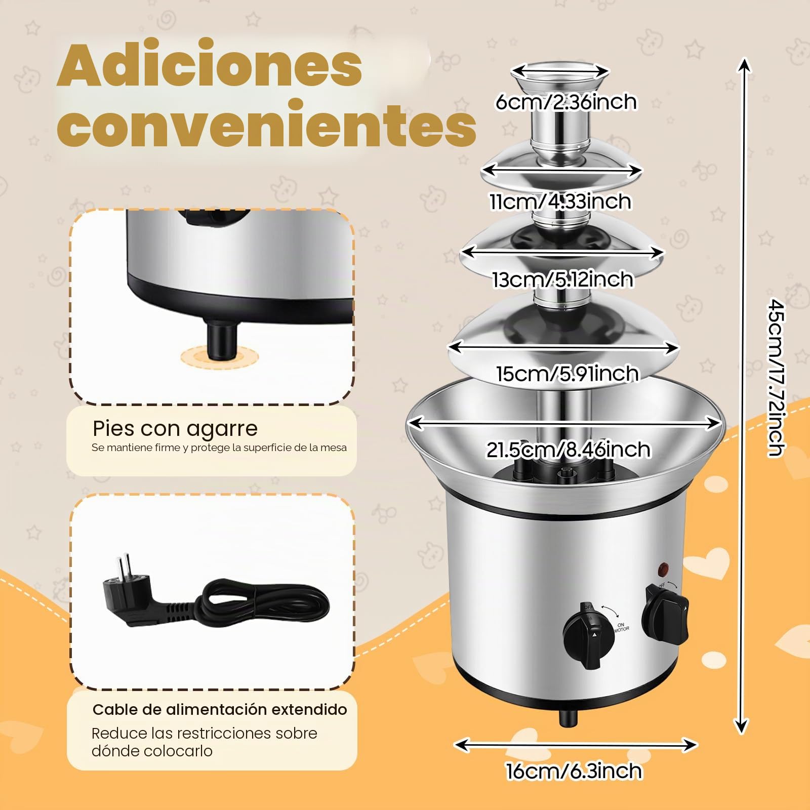 Fuente de chocolate de 4 pisos, 170 W, acero inoxidable, fondue de chocolate, fondue para casa, cafés, hoteles