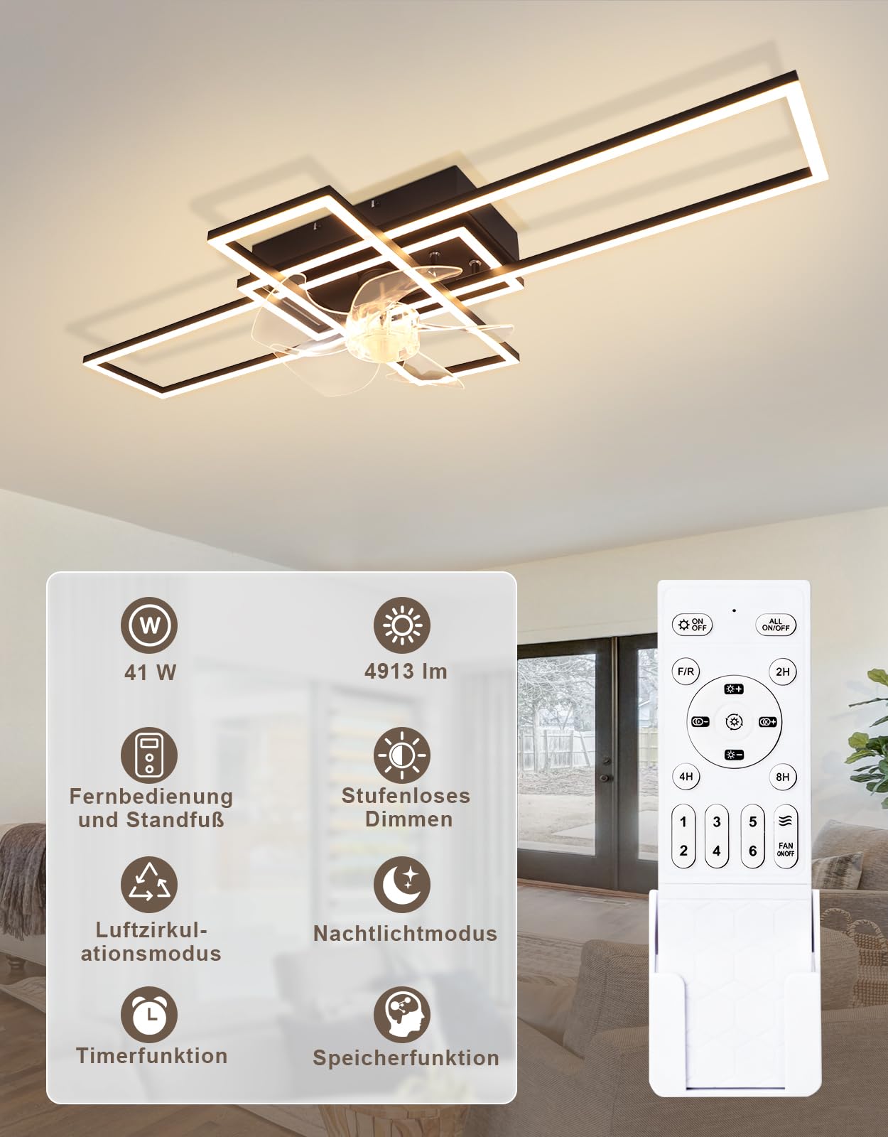 Homefire Lámpara de techo moderna con ventilador de 94cm - Ventilador de | techo con luz, 6 velocidades, LED, regulable, con mando a distancia y temporizador para salón, comedor y dormitorio