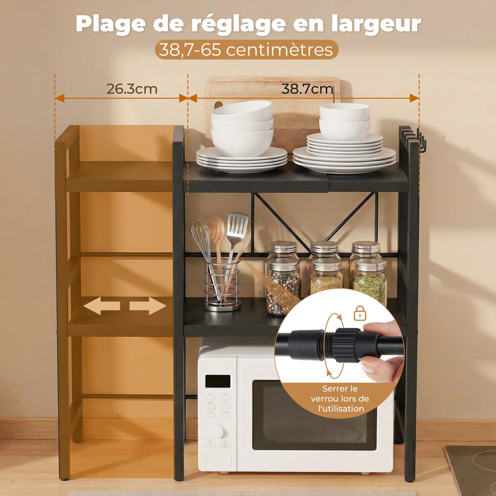 ALANNG Étagère Micro-ondes Réglable 38,7-65cm, 3 Niveaux Étagère de Cuisine sur Plan de Travail, 50kg Capacité Support Micro-ondes avec 6 Crochets, Métal Noir Stable