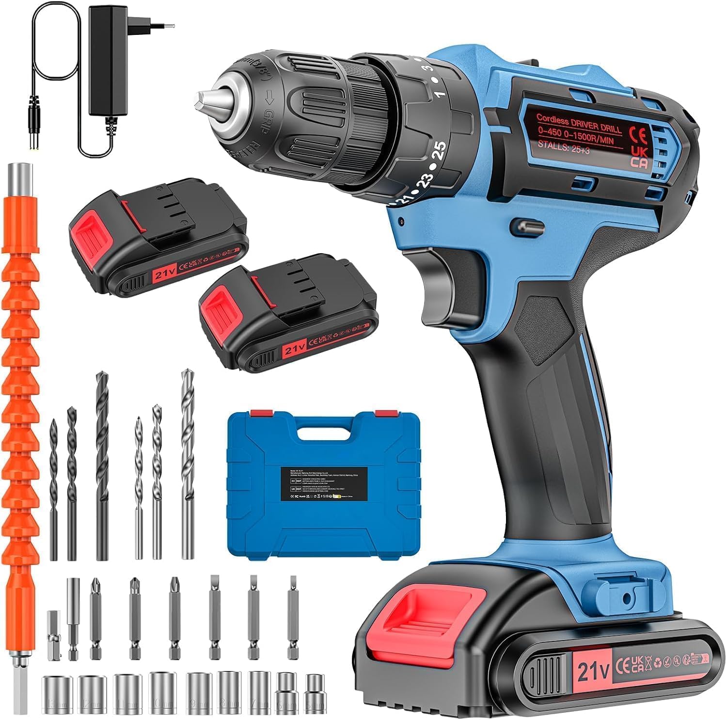 Trapano Avvitatore 21V con Valigetta – Kit Completo: 2 Batterie 2000mAh, 2 Velocità, 25+3 Regolazioni di Coppia, Mandrino 10mm e 24 Accessori – Ideale per Casa, Fai-da-Te e Montaggio Mobili