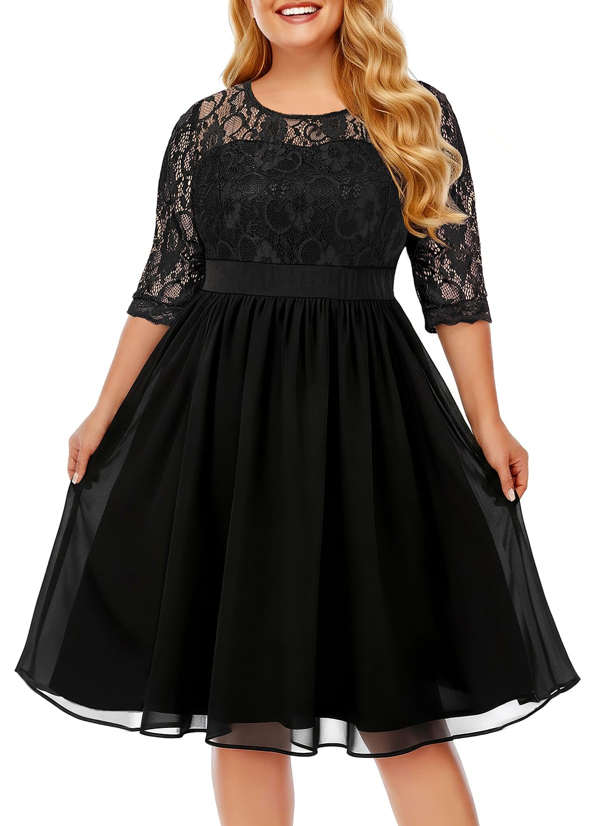 Plus Size Wedding Guest Dresses Women Cocktail Lace Chiffon Midi Dress | Lace top, chiffon midi skirt, half sleeves, high waist, elegant cocktail party, formal evening wear, soft lined fabric