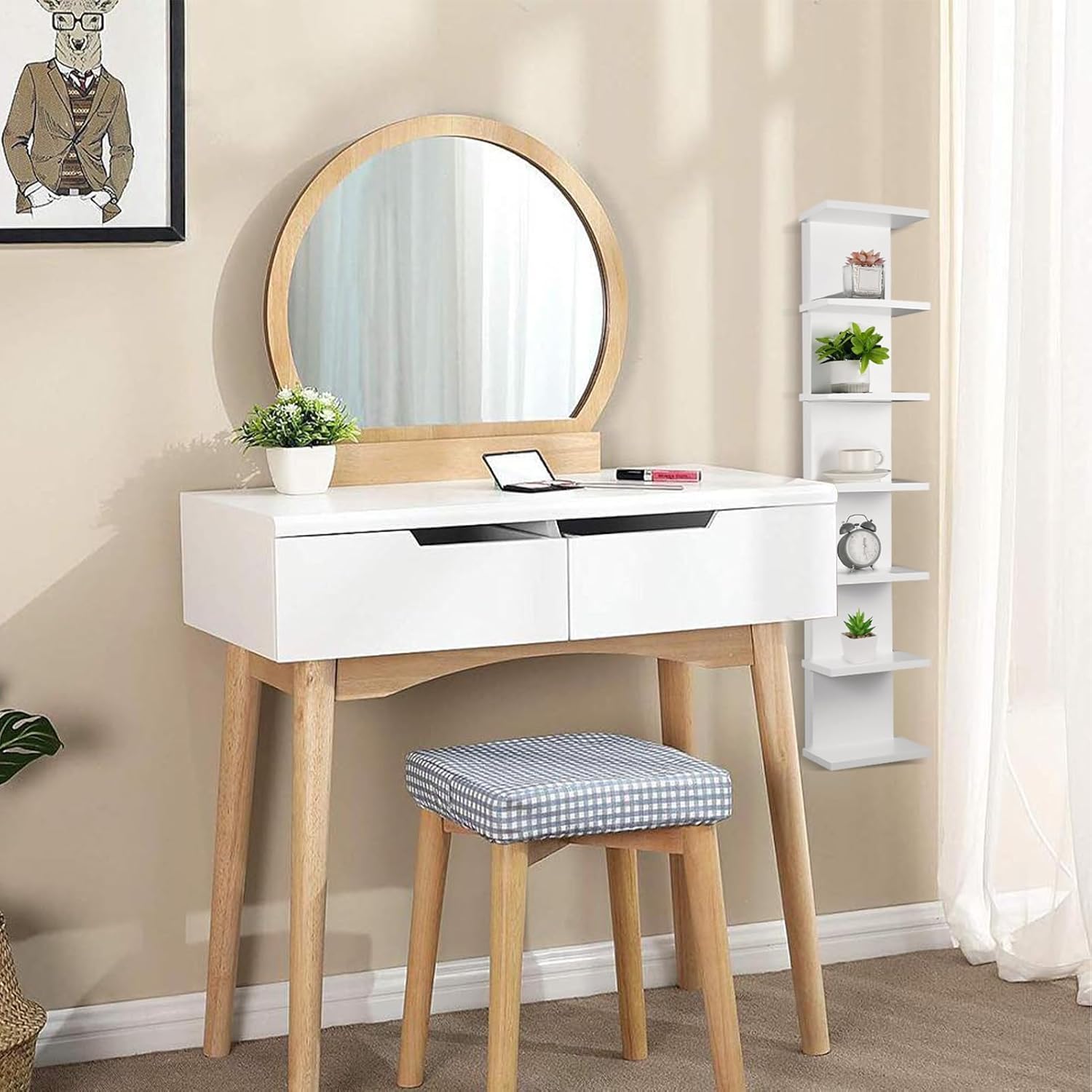 7 Tier Wall Shelf Unit - Narrow Smooth Laminate Finish - Vertical Column Wall Decor Mount Floating Storage Home Decor Organizer Tall Tower Utility Shelf for Bedrooms, Living Rooms(White)