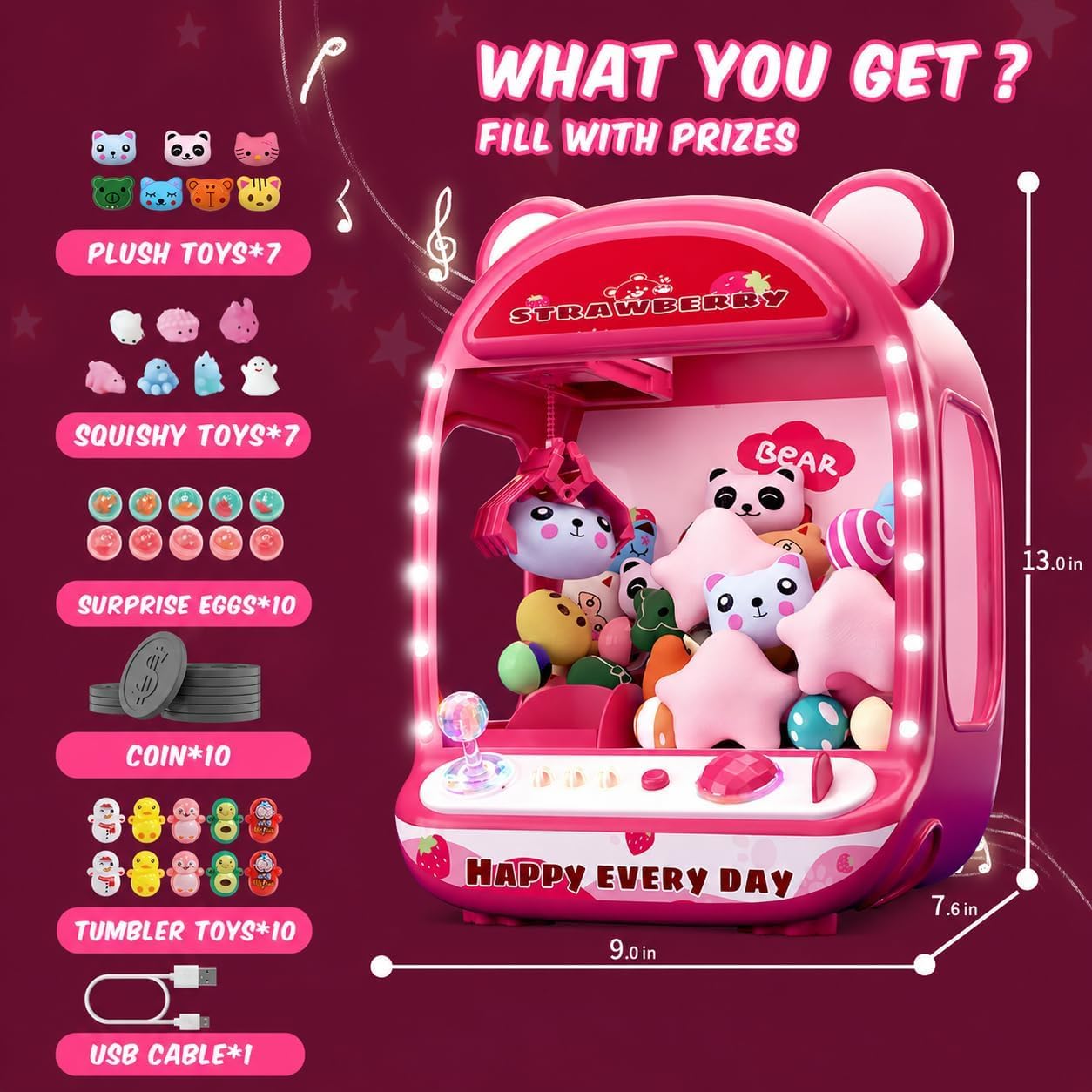 Maszyny do pazurów dla dzieci, zabawki jednorożca dla dziewczynek w wieku od 6 lat, mini automat do gier zręcznościowych z zabawkami squishy Fidget, Claw Machine, łatwa w kontroli, czerwona