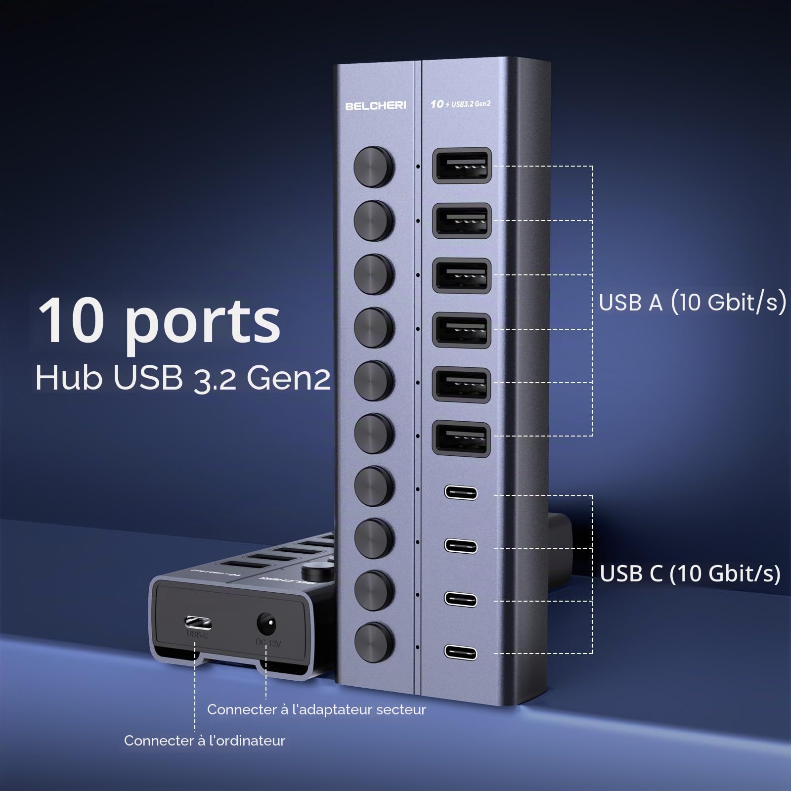 Hub USB avec bloc d'alimentation, 10 ports USB 3.2 Gen 2 10 Gbit/s, entièrement en aluminium avec alimentation 60 W (12 V 5 A), 6 ports USB-A et 4 ports USB-C, prend en charge la charge
