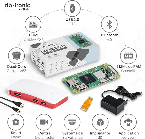 db-tronic Raspberry Pi Zero 2 W 512 Mo Starter Kit | Alimentation 13 W | Boîtier avec 3 couvercles | Mini HDMI | Câble caméra | Pieds en Caoutchouc | idéal pour Home Assistant et Le Smart Home - 3