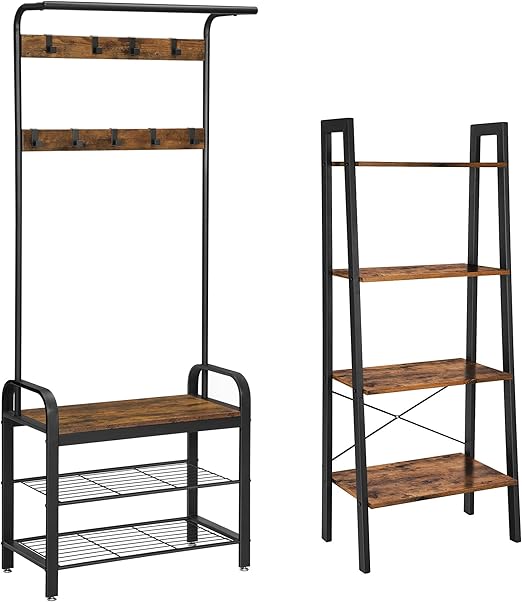 VASAGLE Coat Rack and Ladder Shelf Bundle, 4Tier Bookshelf and Hall Tree, Shoe