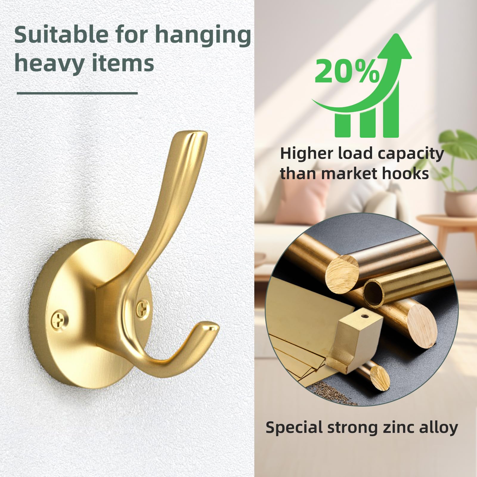 ZUONAI Metal Gold Hooks 2 Pack Brushed Gold Bath Hooks for Towels Heavy Duty Metal Coat Hook for Hanging Coats and Hat Wall Mounted Towel Hanger for Bathrooms Clothing Double Hanger for Bedroom