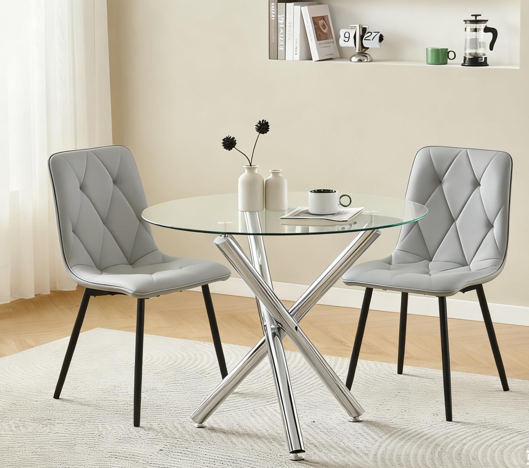 Pantanal 90cm Round Glass Dining Table and White Leather Chairs Set of 2, Modern 3 Pieces Compact Kitchen Table with 2 Argyle Grid Chairs for Dinette Restaurant Small Space โ image 1