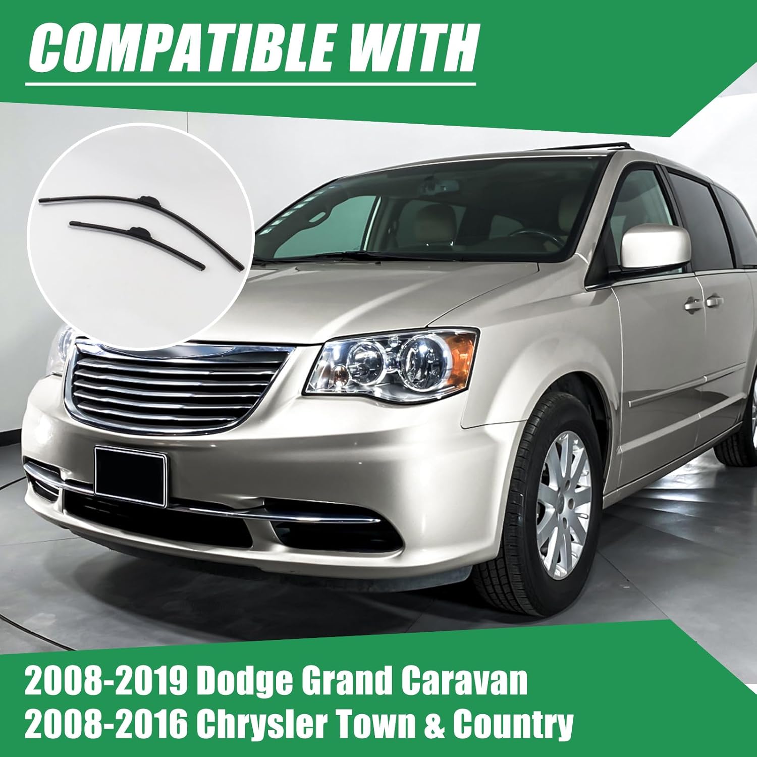 Double Sided Rubber Strips windshield wipers, Replace for 2008-2019 Grand Caravan 2008-2016 Town & Country,Wiper Blades Replacement-26"/20"/16" (Set of 3) U/J HOOK,Will Last 2x As Long