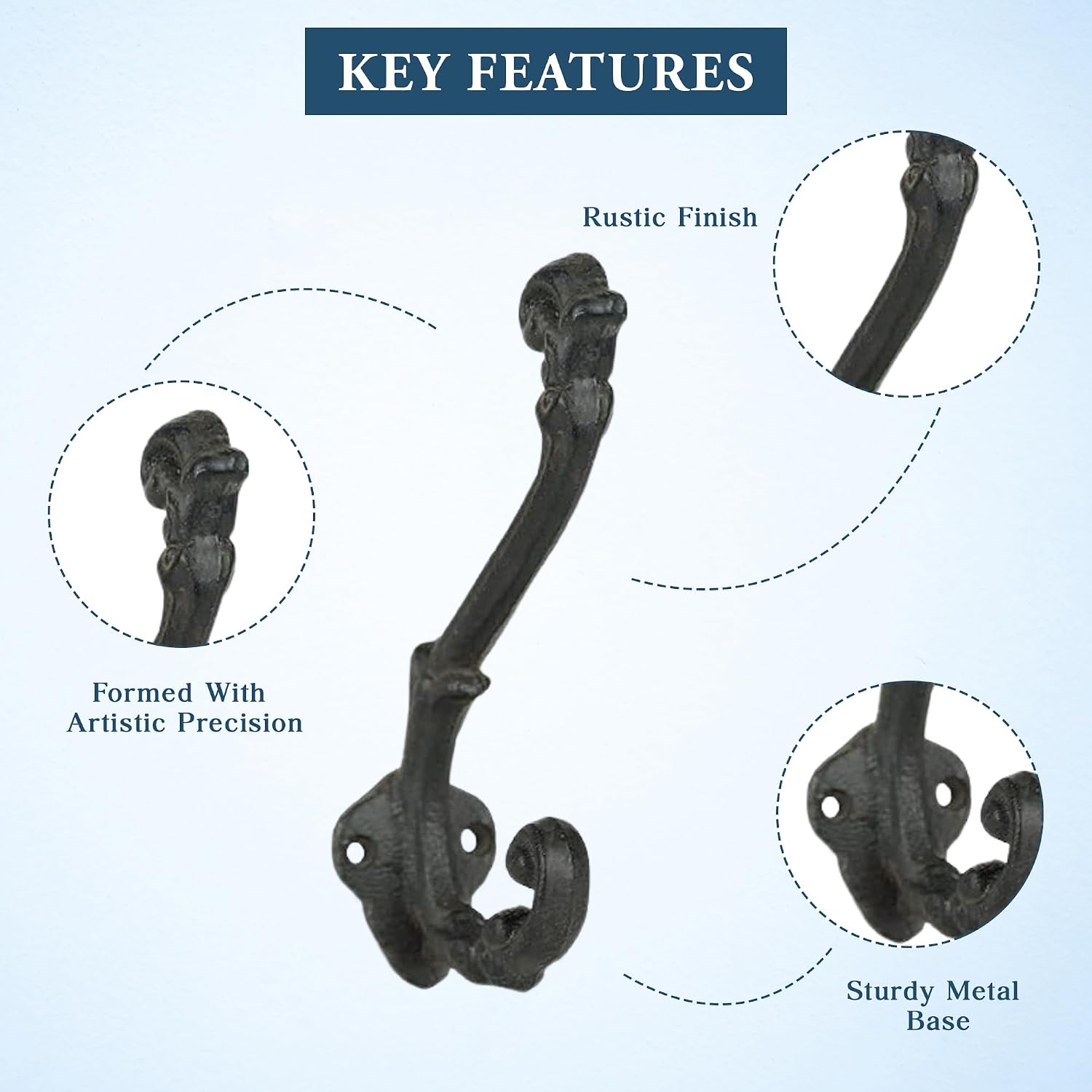 The Metal Magician Wall Mounted Antique Cast Iron Vintage Style Wall Hooks for Coats, Bags, Towels, Hats - (Set of 3) Black image 5