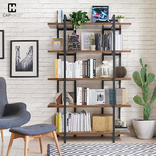 Miniatura 3 de CAPHAUS Estantería de 5 niveles, estantería industrial vintage de 71 pulgadas de alto con estantería abierta, estantería de madera y metal,