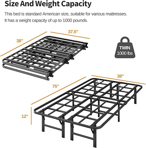 Miniatura 29 de ZIYOO Base de cama plegable resistente California King de 16 pulgadas de alto, plataforma de metal, no necesita somier, fácil montaje, sin ruido,