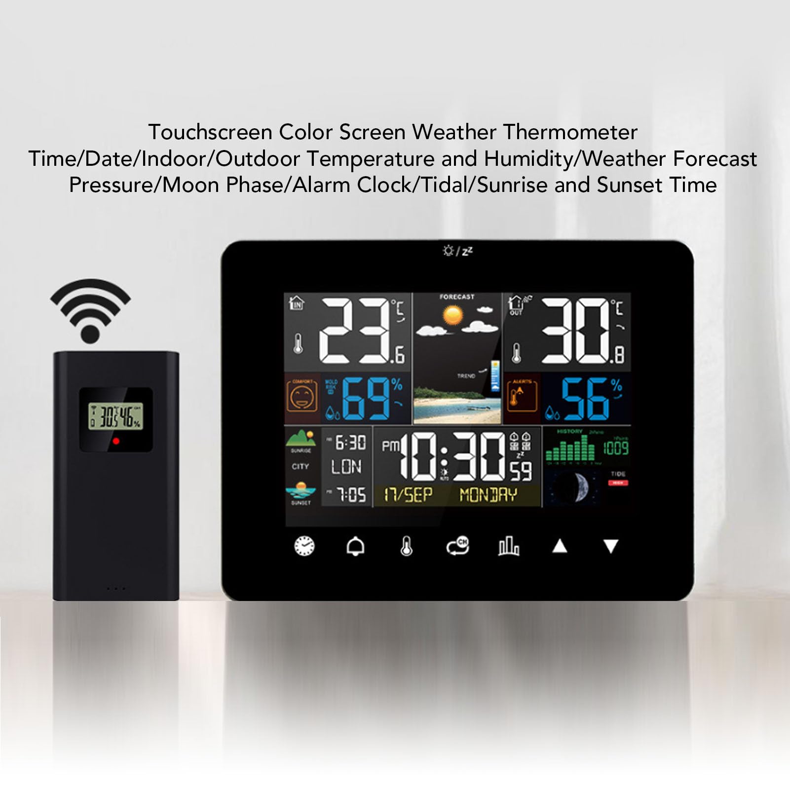 Luocute Digitales Innen- und Außenthermometer, Hygrometer, Farbdisplay, Touchscreen, Wettervorhersagestation mit Kabellosem Sensor, Wecker, Luftdruck für das Heimbüro