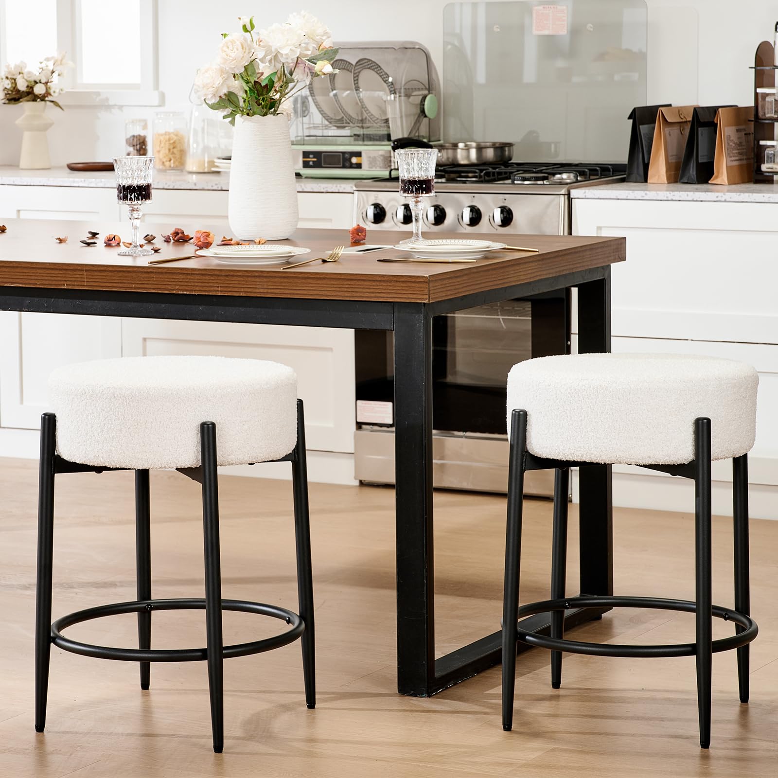 Viroformo Dining Chairs Set of 2, 23.6" Backless Kitchen Living Room Chair，Mid Century Modern Chairs with Round Soft White Boucle Padded & Solid Metal