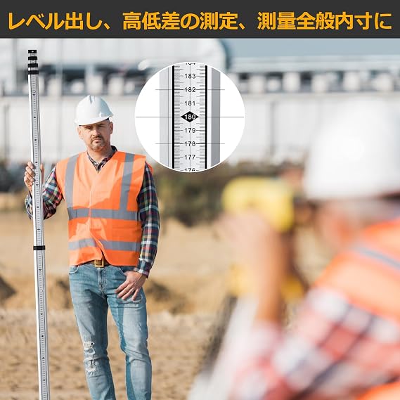 Firecore Aluminum Staff 5 Stages 16.4 ft 5 m Scale Lightweight Aluminum Alloy Staff FLR500A With Level, Made of Aluminum, With Scale for Surveying, Civil Engineering, Building, Level Measurement