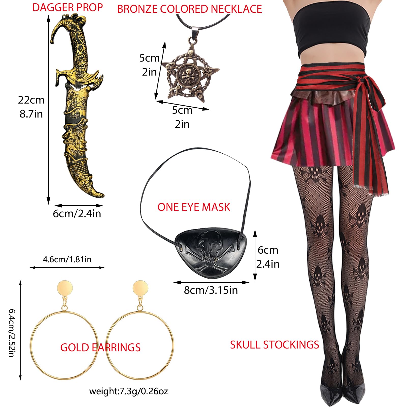 MLPKOI 7PCS Pirate Accessories Set for Women, Women Pirate Costume Ladies Pirates Tricorn Hat, Eyepatch, Earring, Necklace, Belt & Fishnet Stockings, Pirates Accessories Fancy Dress Adult Cosplay - Image 3