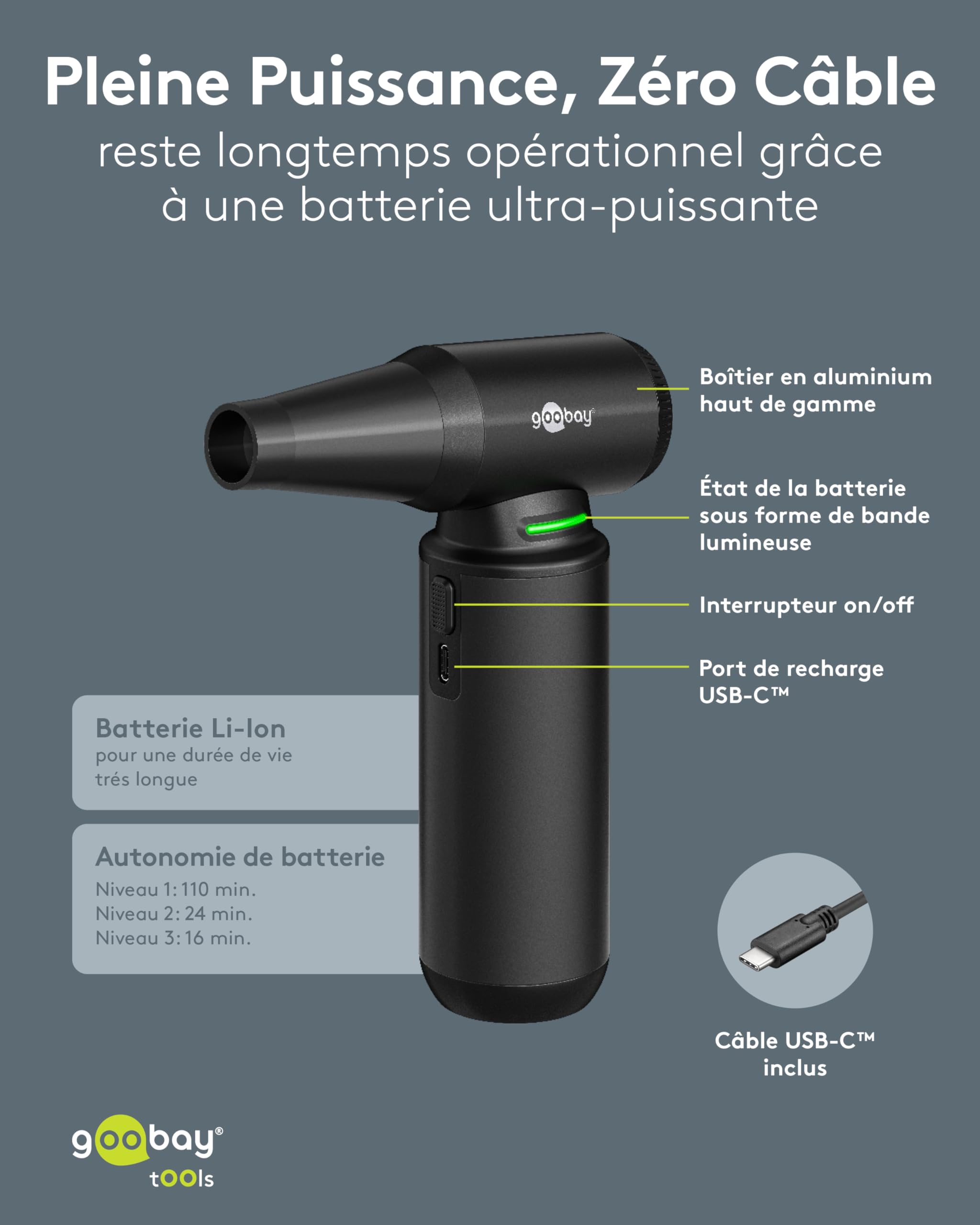 goobay Souffleur de poussière à 3 Vitesses, Batterie 6 000 mAh, 130 000 TR/Min, autonomie jusqu'à 110 Min, avec 8 Embouts pour éliminer la poussière sur Les canapés, claviers, Voitures – 77831