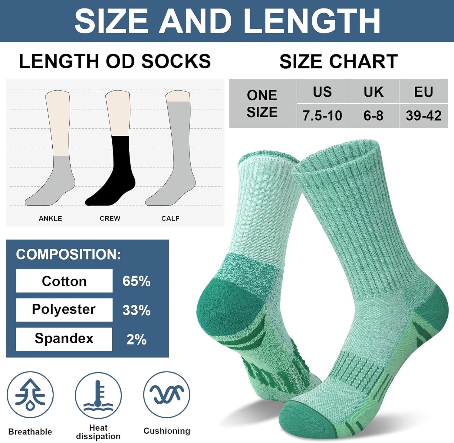 YSense 6 Pairs Crew Athletic Socks for Women, Hiking Running Cushioned Womens Compression Calf Socks for Gym Workout Sports - Image 3