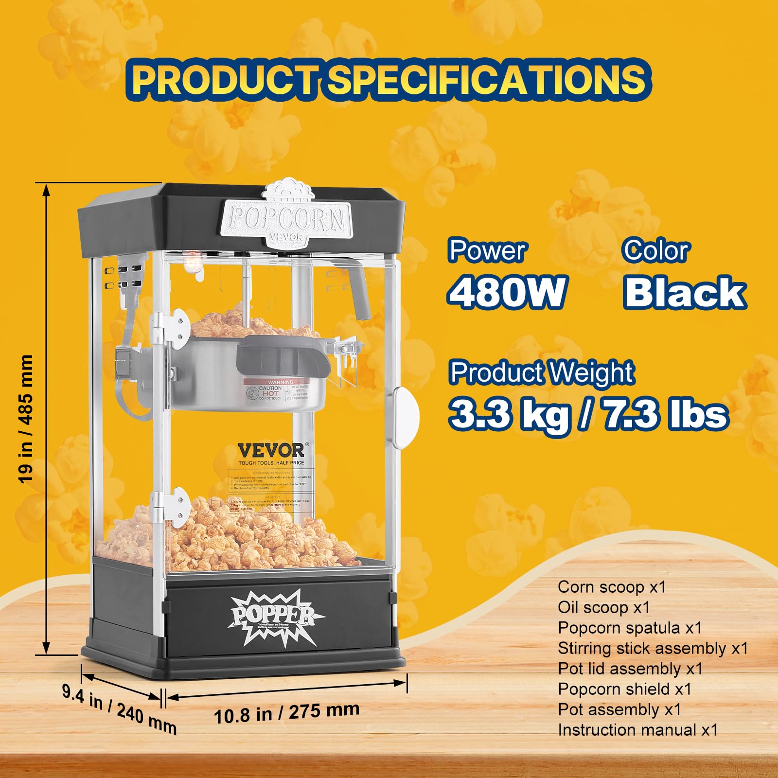 VEVOR Máquina para Hacer Palomitas de Maíz, 480 W, 4 oz, Produce 1,5 Galones por Tanda, Máquina para Hacer Palomitas de Maíz de Sobremesa, Incluye 3 Palas, Estilo Cine, Negro, 275 x 240 x 485 mm