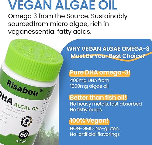 Miniatura 3 de Aceite de algas DHA 400 mg con ARA y SA, 60 cápsulas blandas de aceite de algas veganas  Suplemento DHA Omega 3 a base de plantas, 1 cápsula blanda