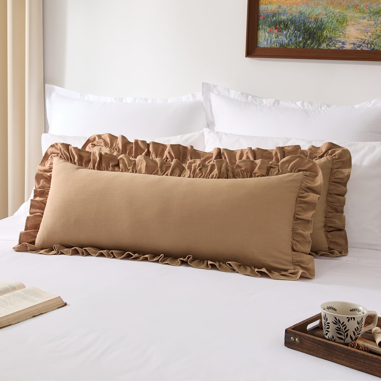 Kevin Textile 14x36 Inch Long Lumbar Pillow Cover 1 Pack 100% Cotton Lace Ruffles Scalloped Decorative Rectangle Cushion Case Soft Body Pillow for Bedding Couch Sofa, Coco Brown